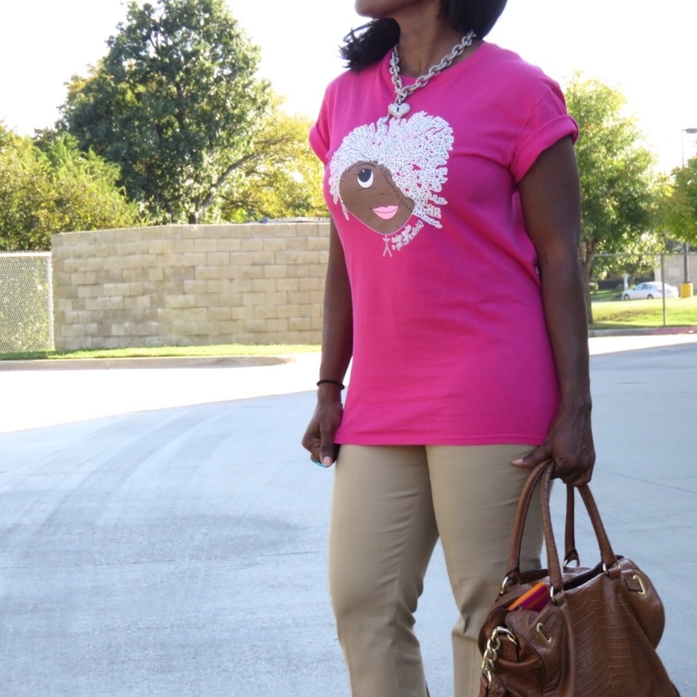 Plus Size New Pink Tee with cute curly hair - Picture 2 of 5